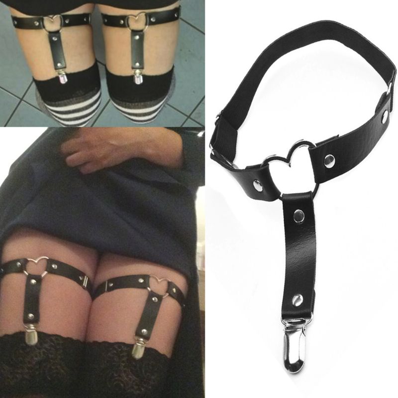 Women Sexy Adjustable Elasticity Leg Harness Garter Belt Punk Gothic Metal Heart Thigh Ring With Anti-Slip Clip Cosplay Lingerie