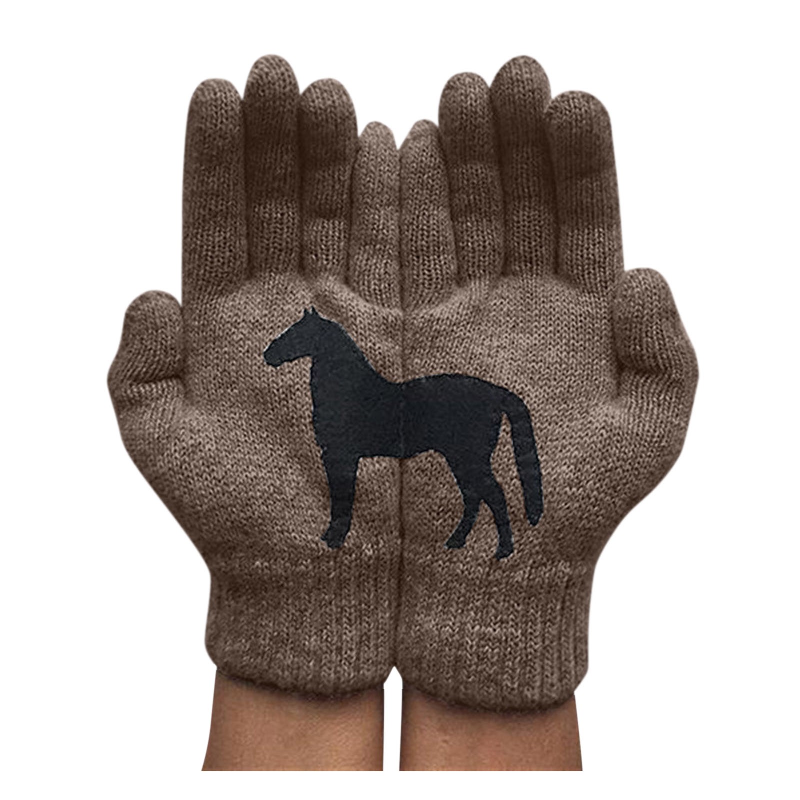 Winter Warm Cold Cashmere Gloves Thicken Cartoon Horse Pattern Print Wool Knitted Full Finger Gloves Adult Men And Women Gloves