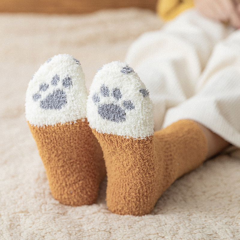 Fashion Winter Thicken Warm Women Socks Cute Cat Paw Cartoon 6 Colors Lovely Sleeping Home Floor Bedroom Socks harajuku kawaii