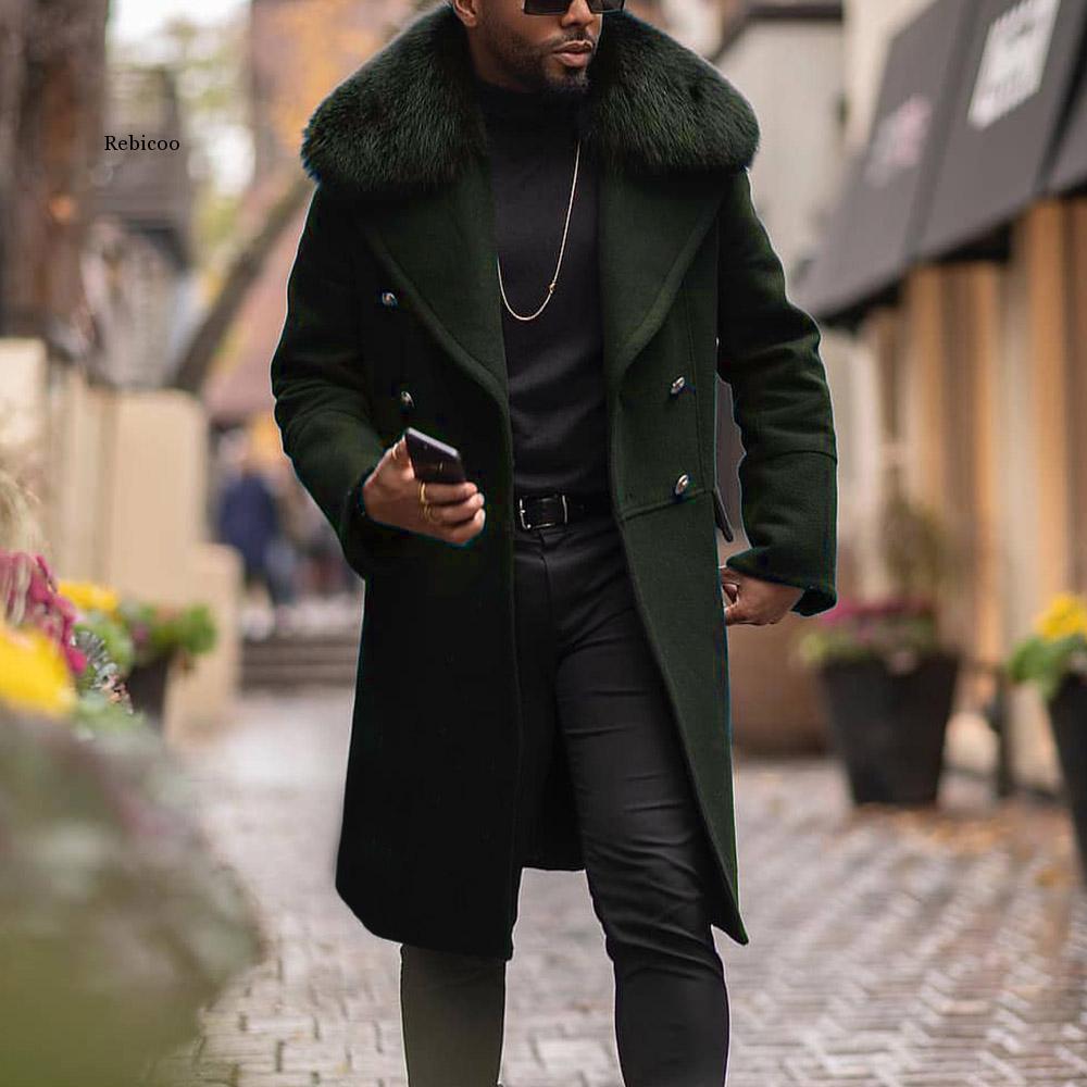 Cool Man Autumn Winter Long Coat Faux Fur Collar Casual Business Streetwear Wool Blend Trench Coats Men Outwear Long Jacket