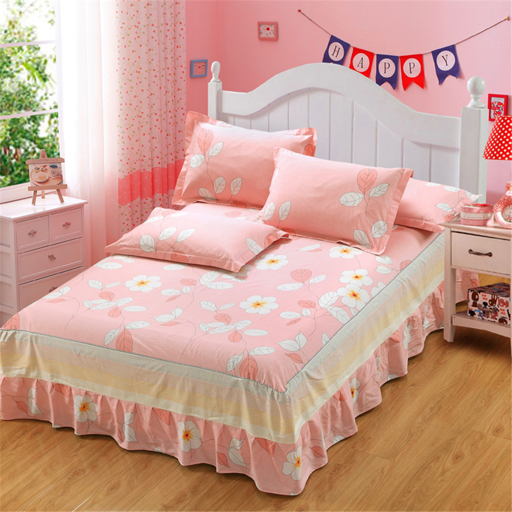 White pink flowers bedding for adult children Bed Covers Mattress Cover skirt pillowcase 3pcs Cotton twin full queen king size