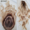 Ombre Blonde Human Hair Body Wave Topper Wig For Women 8*15cm Breathable MONO PU Base With Clip In Hair Toupee Remy Hair piece