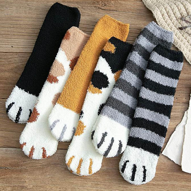 Fashion Winter Thicken Warm Women Socks Cute Cat Paw Cartoon 6 Colors Lovely Sleeping Home Floor Bedroom Socks harajuku kawaii