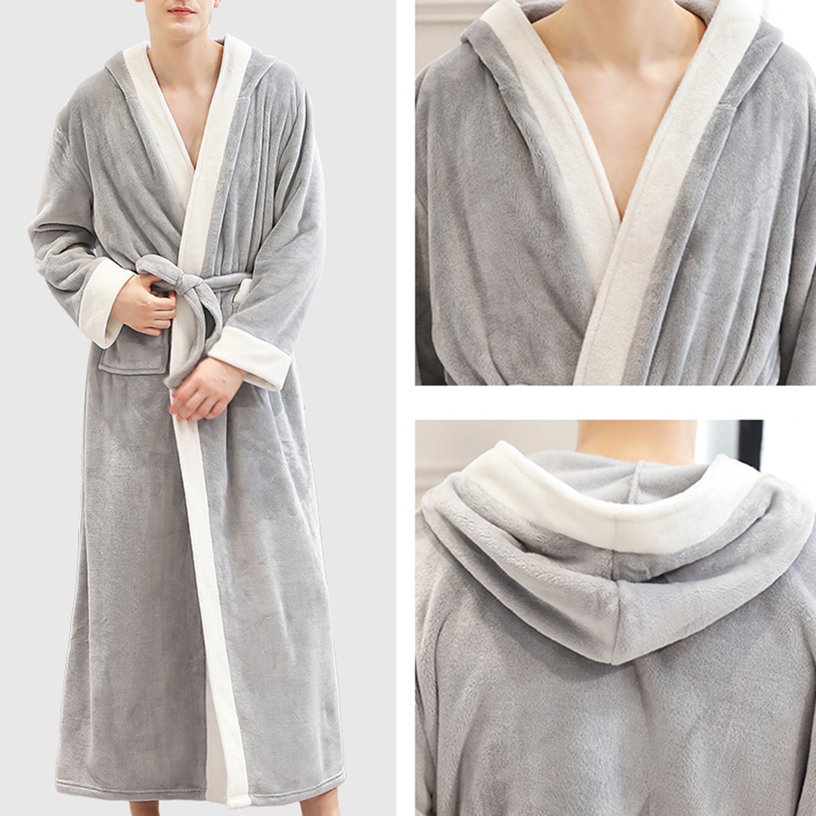 Men's Winter Maxi Flannel Bathrobe Hooded Sleepwear Home Clothes Long Sleeve Robe Coat Bath Robe Peignoir Homme Flannel Robe