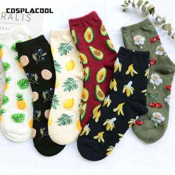 [COSPLACOOL]Korean Fresh Fruits Socks Lemon Avocado Pineapple Cherry Blueberry Orange Gardenias Flamingos Plumerias Women Socks