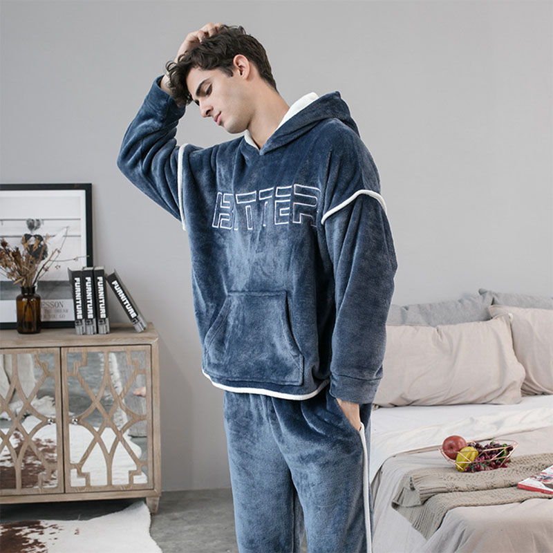 2020 New Hooded Flannel Men's Pajama Pants 2 Pieces/Set Winter Thick Warm Sleepwear For Couples Casual Loose Home Costumes Set