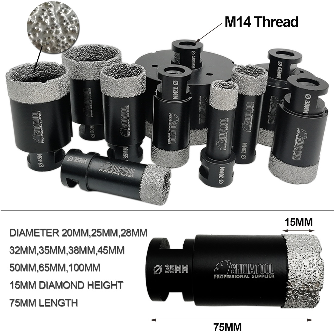SHDIATOOL 1pc M14 Thread Vacuum Brazed Diamond Dry Drilling Core Bit Drilling Bit 75mm Length Hole Saw For Porcelain Tile Stone