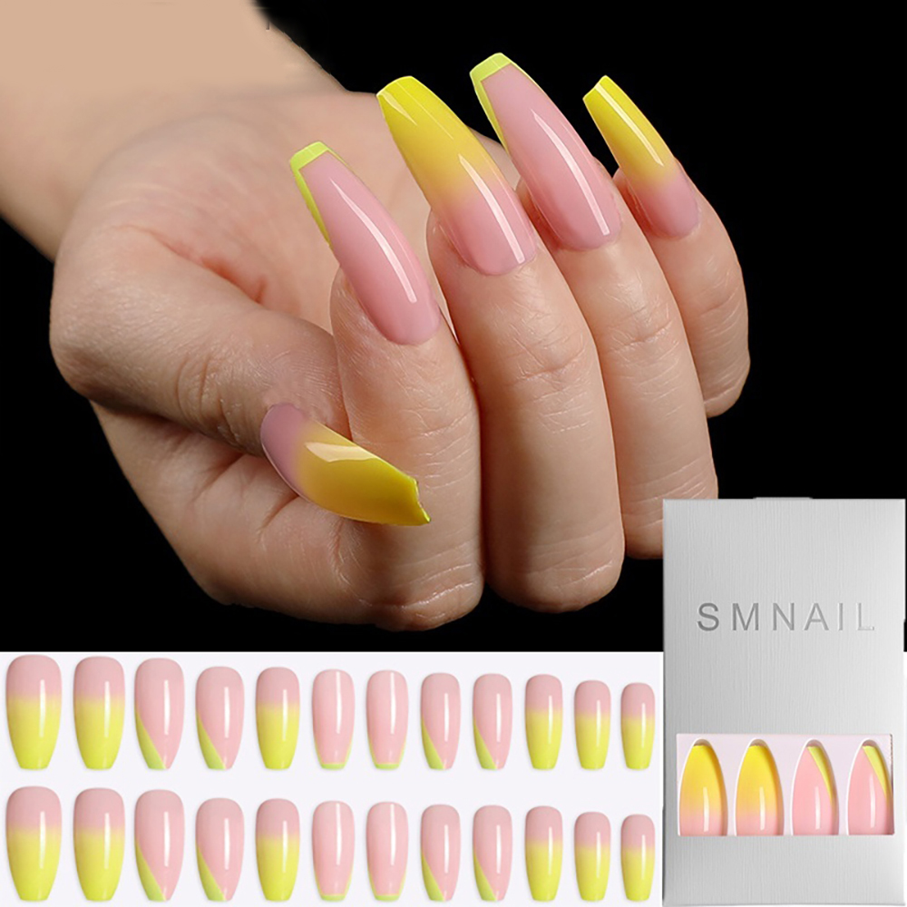 20Pcs/Set Acrylic Long Coffin Fake Nails European Rainbow Ballerina Full Cover Nail Art Tips Color Beauty Artificial False Nails