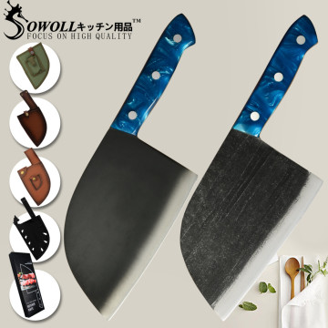 Kitchen Knife Camping Knife Full Tang Butcher Knife Stainless Steel Serbian Chef Knife Meat Vegetable Cleaver Leather Sheath