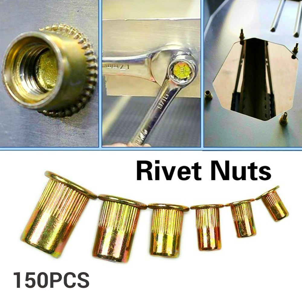 150pcs/set M3 M4 M5 M6 M8 M10 Carbon Steel Rivet Nuts Insert Rivets Multi Size Flat Head Rivet Nuts Set Threaded Insert Nut Kit