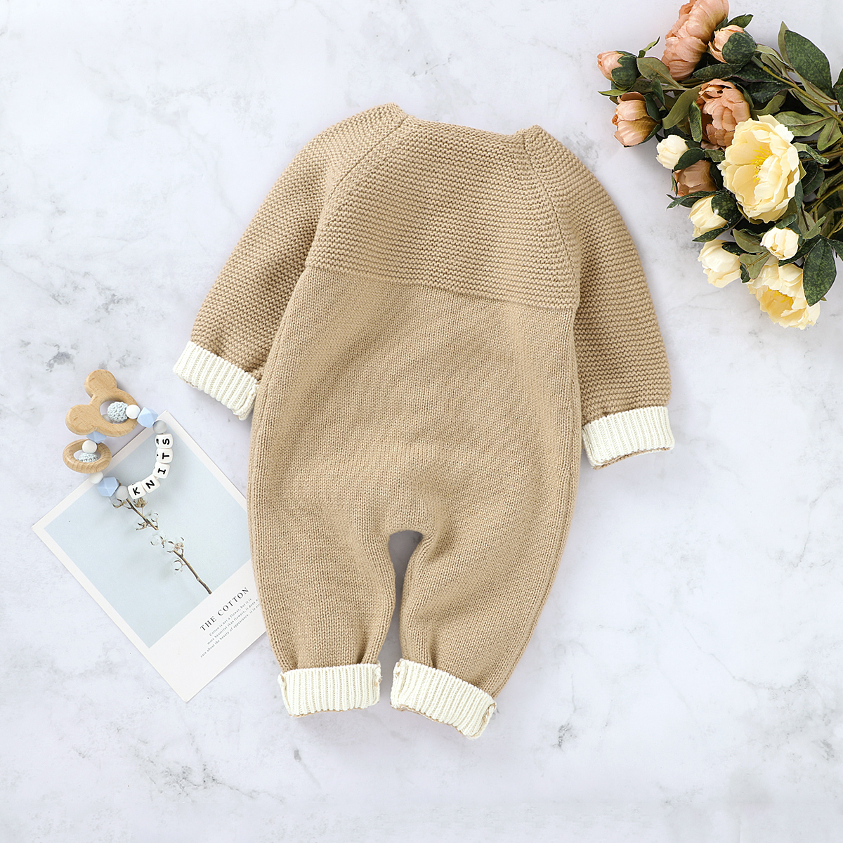 Baby Romper Knitted Warm Long Sleeve Winter Outfit Button-Down Round Neck Long Pants Color Block Spring Jumpsuit Romper