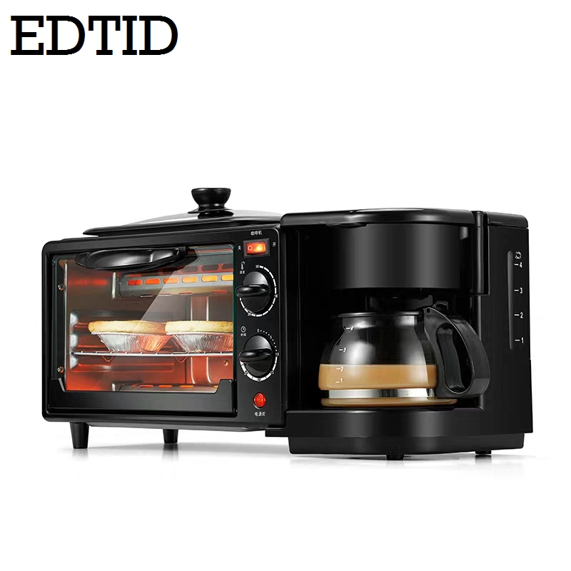 EDTID Electric 3 in 1 Breakfast Machine Multifunction Mini Drip American Coffee Maker Pizza Oven Egg Omelette Frying Pan Toaster