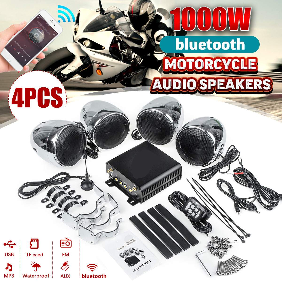 1000W bluetooth Amplifier 4 Speakers Studio Audio Stereo System Music Player For ATV UTV Motorcycle Electric Bike Marine Boat