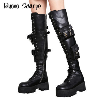 Platform Combat Boots Punk Black Leather Pocket Fashion Dancing Boots Buckles Lock Over The Knee Long Boots Sexy Platform Shoes