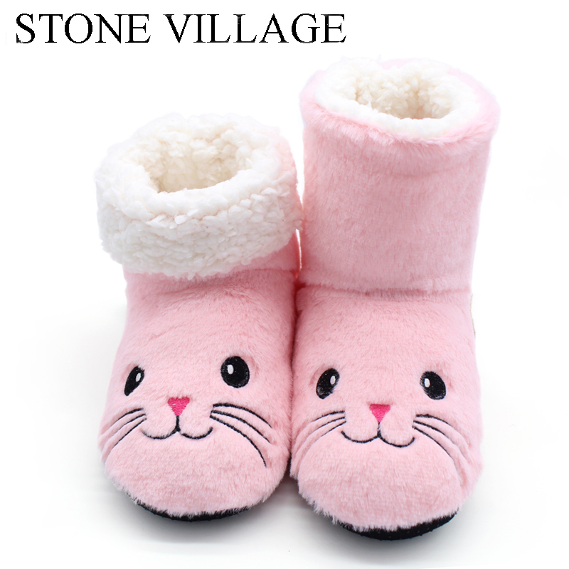 STONE VILLAGE Embroider Animal Print Winter Warm Plush Women Slippers Shoes Indoor Home Slipper Soft Bottom Indoor Slippers