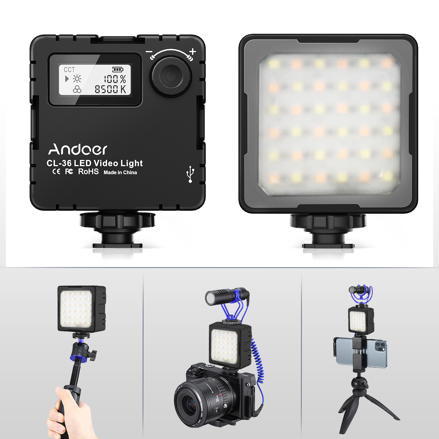 Andoer CL-36 Mini Bi-color LED Video Light 2800K-8500K Dimmable w 3 Cold Shoe Mounts LCD Display Vlog Fill Light for DSLR Camera