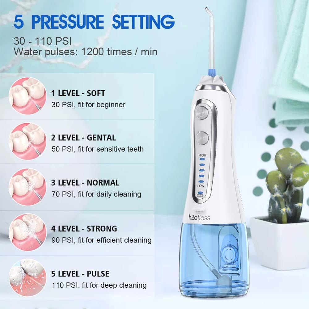 300ml Portable Oral Irrigator USB Rechargeable Dental Water Flosser Jet 5 Modes Irrigator Dental Teeth Cleaner + 5 Jet Tip & Bag