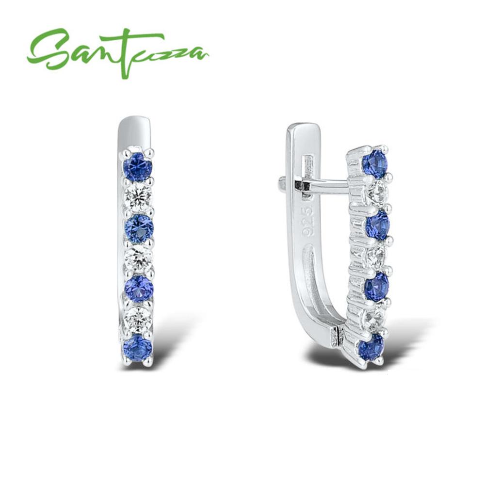 SANTUZZA 925 Sterling Silver Fashion Jewelry Set For Women Blue Nano Cubic Zirconia Ring Earrings Set Trendy Fine Jewelry Gift