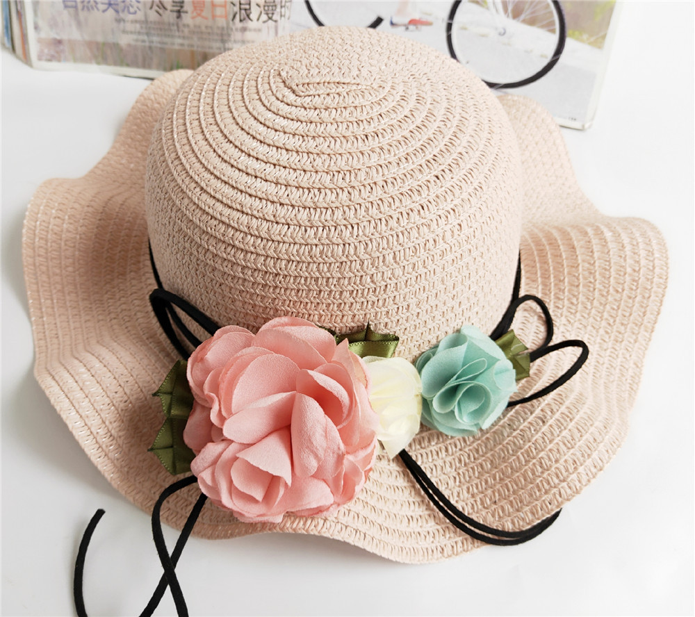 Summer Mommy & Me Beach flower Hat Simple Wavy large brimmed straw hat Fairy Floral Beach Hats Parent-child sunhat