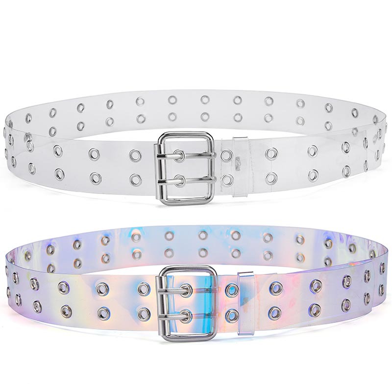 2020 Transparent Two Row PVC Belt Women Fashion Laser Invisible Square Pin Buckle Multihole Dazzling Belts For Ladies Waistband