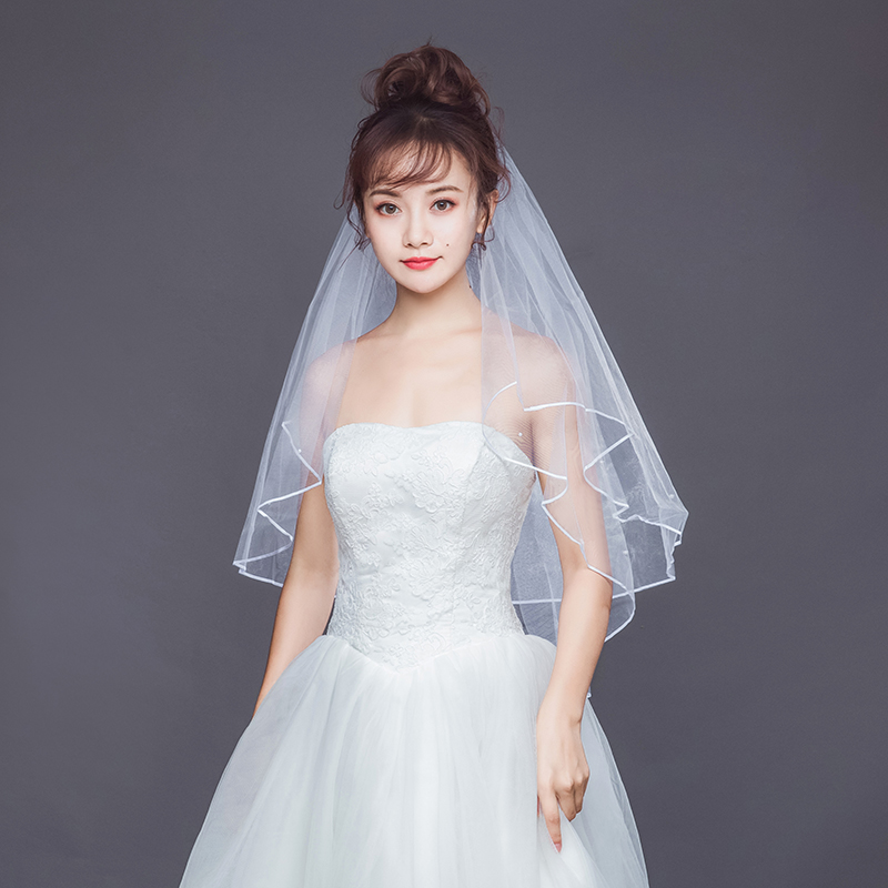 Pearl Women Wedding Dress Veil Two Layers Tulle Ribbon Edge Short Bridal Veils Accessories Elbow Length Wedding Veils With Combs