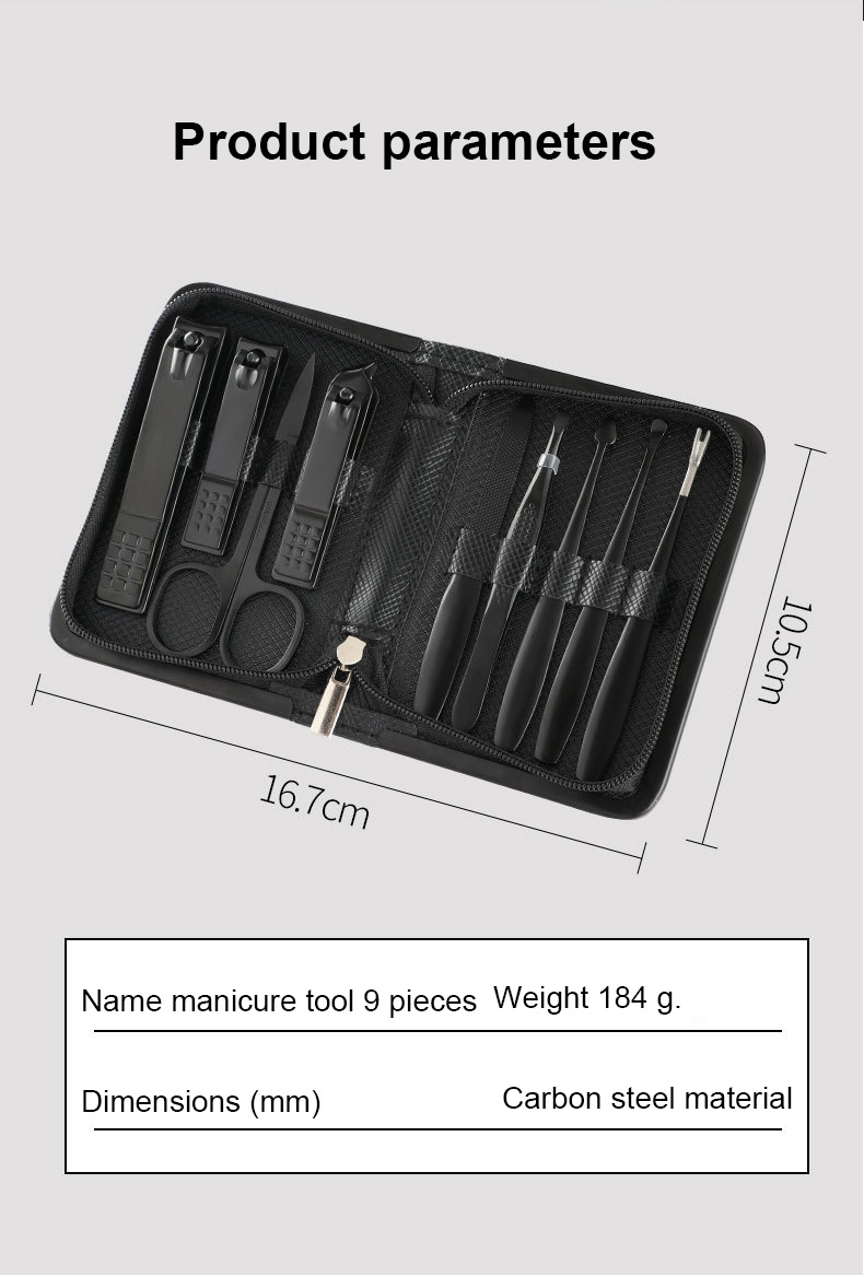 9-piece Stainless Steel Black Nail Clippers Set Portable Manicure Scissors Tweezer Eagle Hook Ear Spoon Pedicure Finger Tool