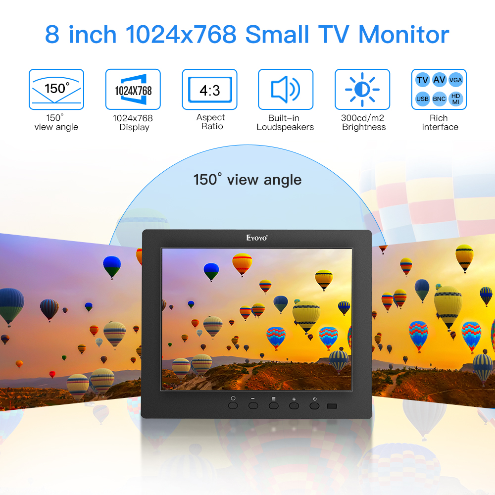 Eyoyo S801 8" HDMI Mini TV IPS Monitor 1024x768 CCTV 4:3 LCD Screen with HDMI VGA USB AV Speakers for DVD PC Security camera