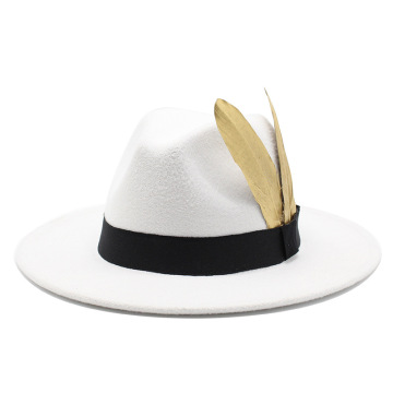 Fashion Women Men Pork Pie Hat Dad Wool Jazz Fedora Hat Lady Gentleman Gambler Panama Trilby Hat With Fashion Feather white hat