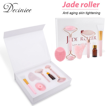 6PCS/Set Rose Jade Roller Gua Sha Set Face Brush Natural Quartz Scraper Jade Stone Massage Facial Massager Tool for Body Neck