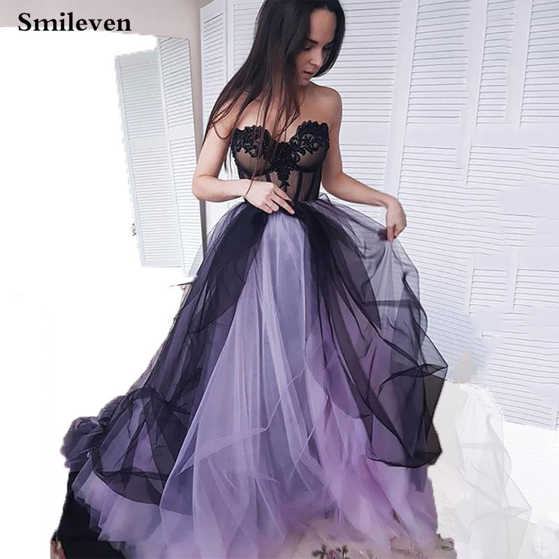 Smileven Lavender And Black Sweetheart Neck Prom Gowns Lace Applique Evening Party Gowns Tulle Long Cocktail Dresses
