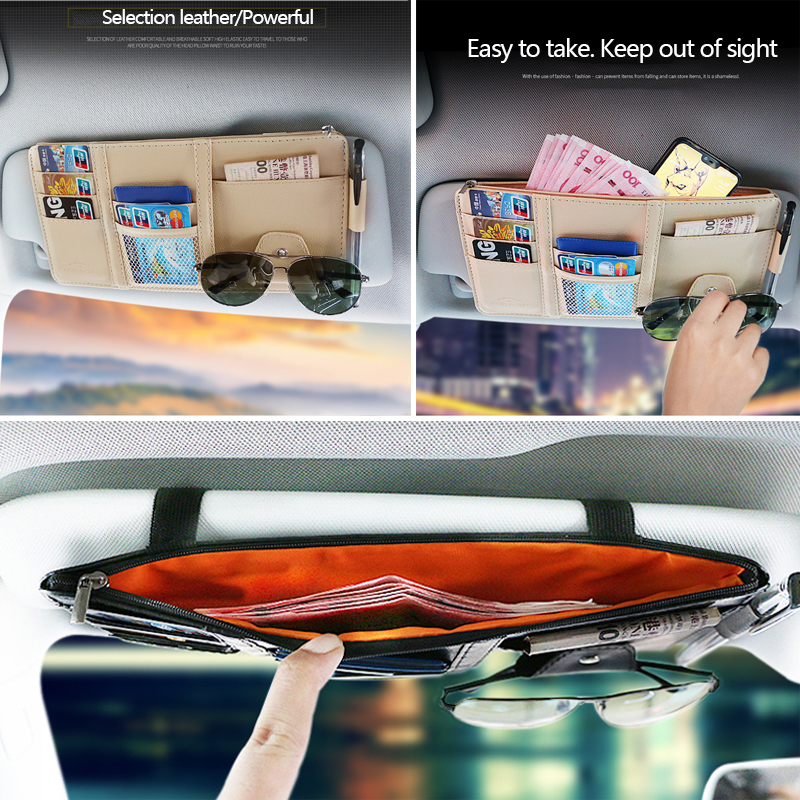 Car Sun Visor Organizer Pocket Leather Sunshade Clip Storage Bags Card Glassed Pen Clip Cash Holder Stowing Tidying Accessories
