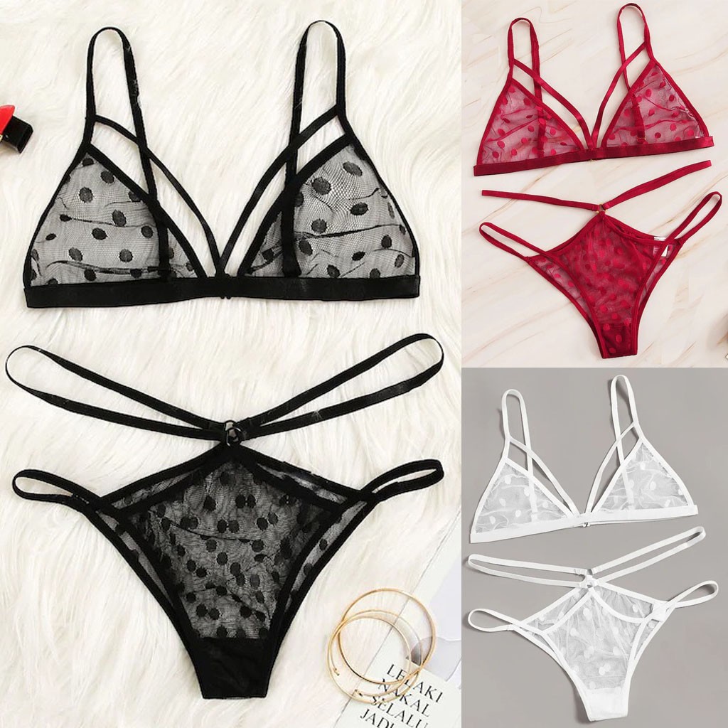 Sexy Lingerie 2Pcs Underwear Set Lace Dot Print Sexy Women Intimates Thongs V-String Transparent Female Underwear Bra Set #W