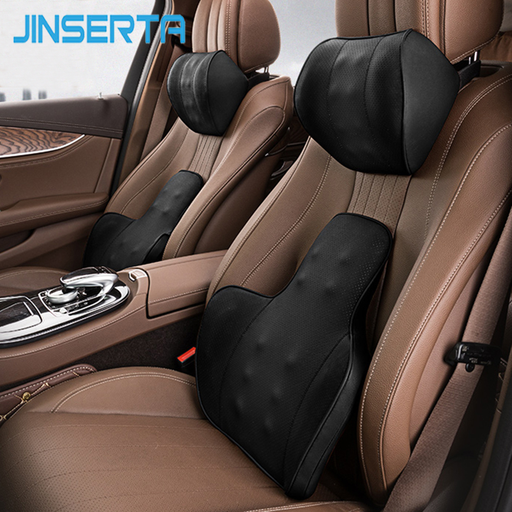 JINSERTA PU Leather Car Headrest Neck Pillow Auto Seat Cushions Back Support Lumbar Pillow Memory Foam Seat Cover Travel Pillow