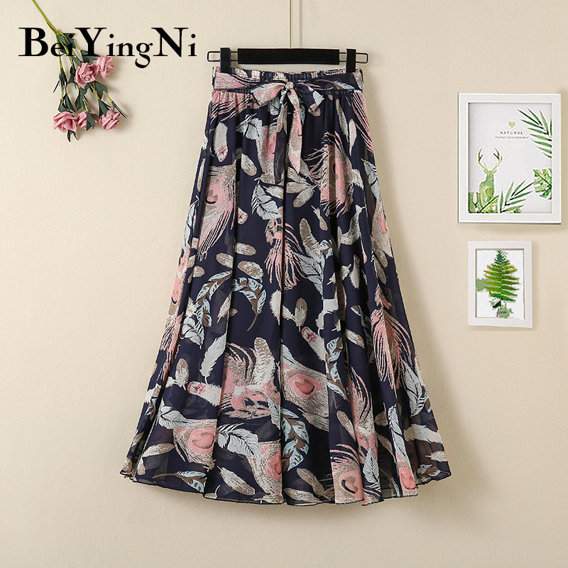 Beiyingni Casual Korean Boho Skirt Beach Chiffon Summer Sashes High Waist Long Maxi Bohemian Skirt Woman Floral Print Pleated