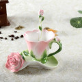 Creative Fashion 3D Rose Shape Flower Enamel Ceramic Coffee Tea Cup and Saucer Spoon Set Porcelain Water Cup Valentine Day Gift