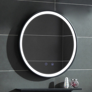 Smart Touch LED Light Bathroom Mirror Anti-fog Wall Hanging Makeup Black Frame Wrought Iron Edge Round