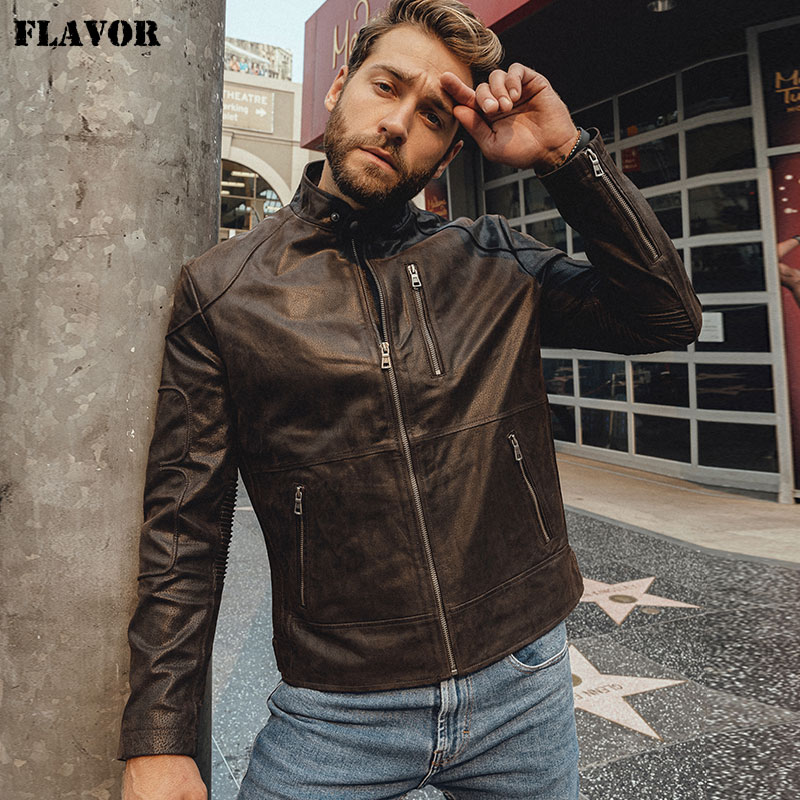 New Men's Pigskin Real Leather Jacket Motorcycle Jacket Classic Coat with Stand Collar