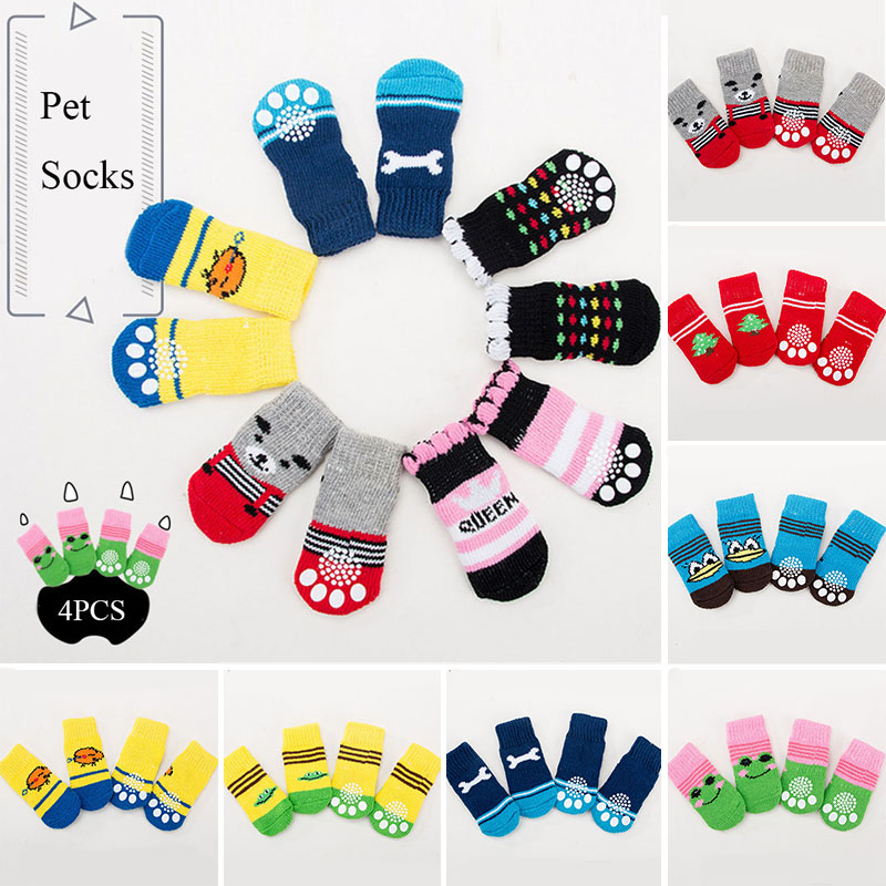 4pcs Warm Puppy Dog Shoes Soft Acrylic Pet Knits Socks Cute Cartoon Anti Slip Skid Socks For Small Dogs Pet Products S/M/L