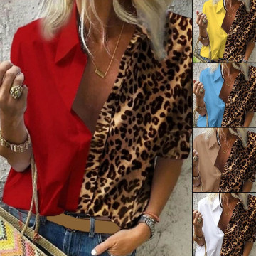 Women Blouses 2020 Autumn Long Sleeve Turn Down Collar Office Blouse Shirt Casual Tops Leopard Stitching Blusas Femininas