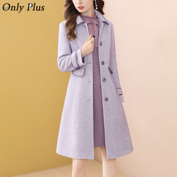 Only Plus Purple Outerwear Overcoat Winter Casual Women Long Woolen Coat Single Breasted Slim Type Female Wool Trench Coat