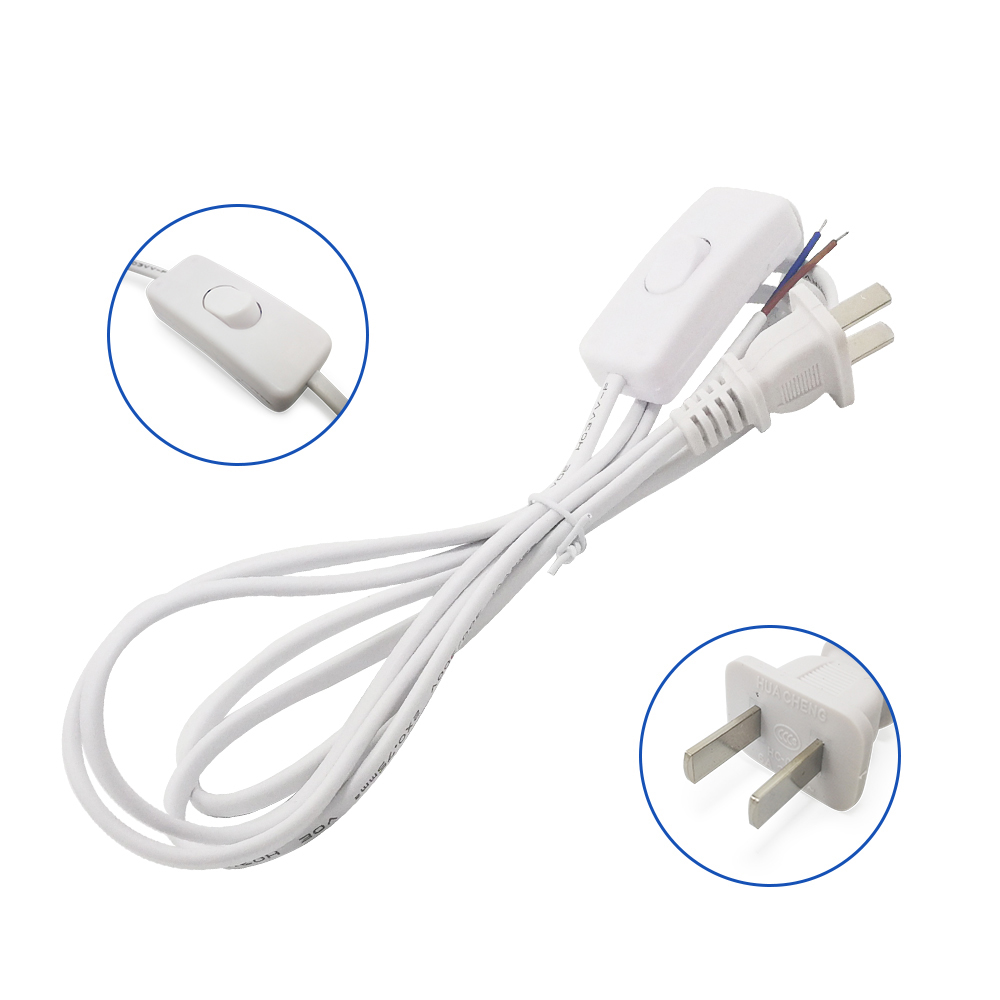 1.8m AC Power Cord White Black Line with On/Off Switch Button Cables Wire Two-pin US Plug Cable Extension Cords EU Type Adapter