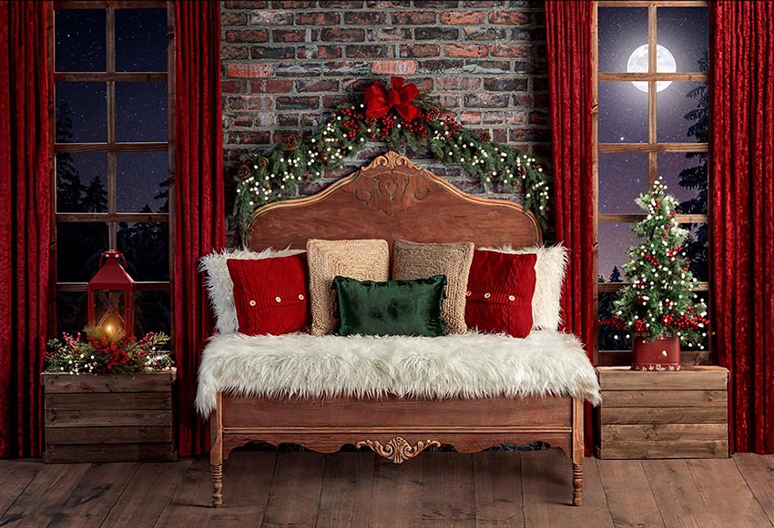 Avezano Christmas Photography Background Indoor Bed Brick Wall Window Red Curtain Wood Floor Portrait Backdrop for Photo Studio