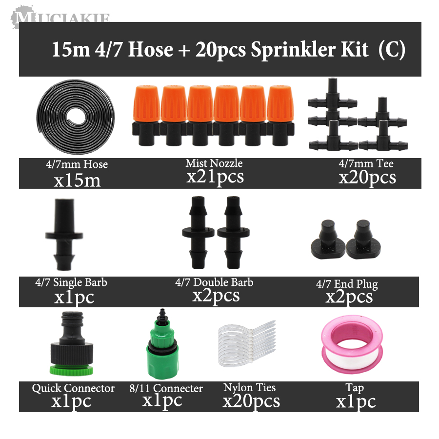 MUCIAKIE Adjustable Orange Misting Cooling Irrigation System Watering Kit 8/11 4/7 Hose Nozzle Tee Eng Plug Connecter Fittings