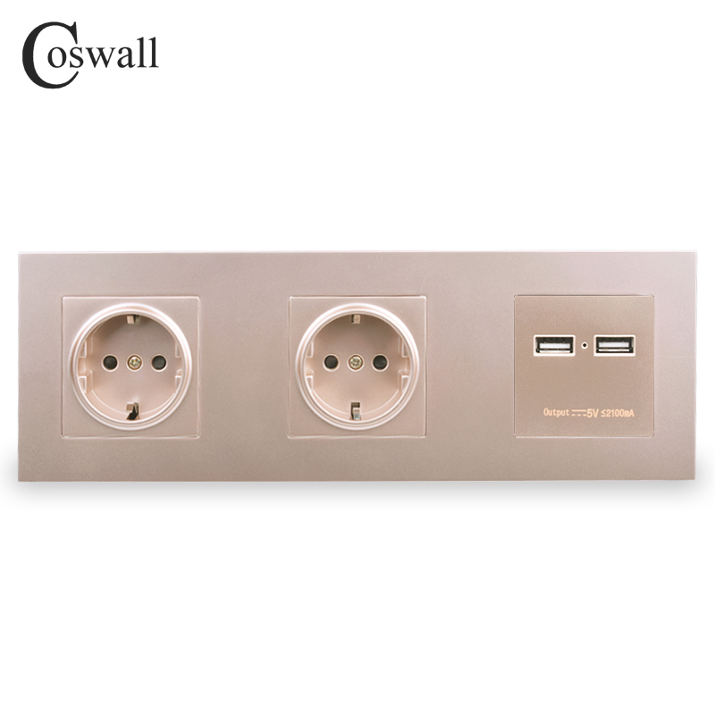 COSWALL Wall PC Panel Double Socket 16A EU Electrical Outlet Dual USB Smart Charging Port 5V 2A Output
