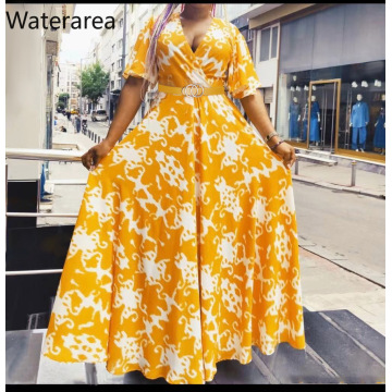 Waterarea Spring Dress Plus Size Women Short Sleeve Print Loose V-Neck Slim Sashes Long Dress Party Night Pleated African Dress