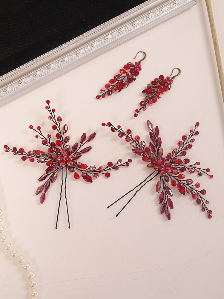 Bohe Red Black Bridal Headwear Crystal Hair pin and Earrings set Bride hair jewelry hat female wedding hair accessories