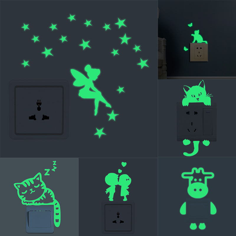 Luminous Cartoon Switch Sticker Glow In The Dark Cat Sticker Fluorescent Fairy Moon Stars Sticker Home Decoration Accessories