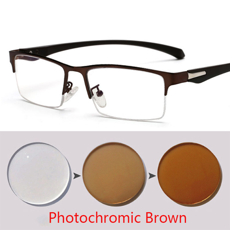 Sun Photochromic Myopia Eyeglasses Men Finished Chameleon Lens Prescription Glasses Half Metal Frame -0.5 -0.75 -1.0 -2 To -6