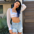 Women Ladies European stylish Strapless Blouse Shirt Backless Wrapped Chest Crop Tops Mesh Sheer Long Sleeve Club Casual Blusas