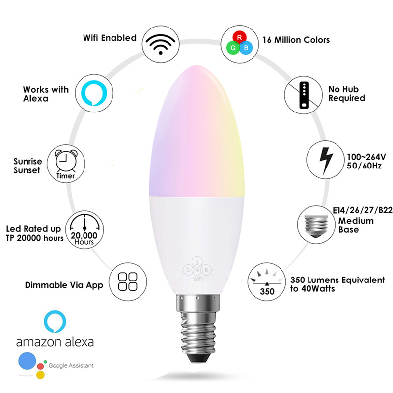 Smart WiFi Candle Bulb RGB Projector Spotlight Bulb Holder Alexa Google Home / IFTTT 6W Smart Voice Control for Home Decoration